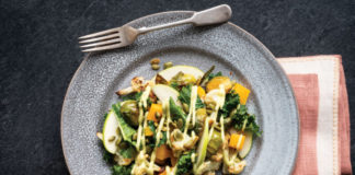 Roasted Vegetable Salad with Baby Kale, Apple, and Creamy Avocado