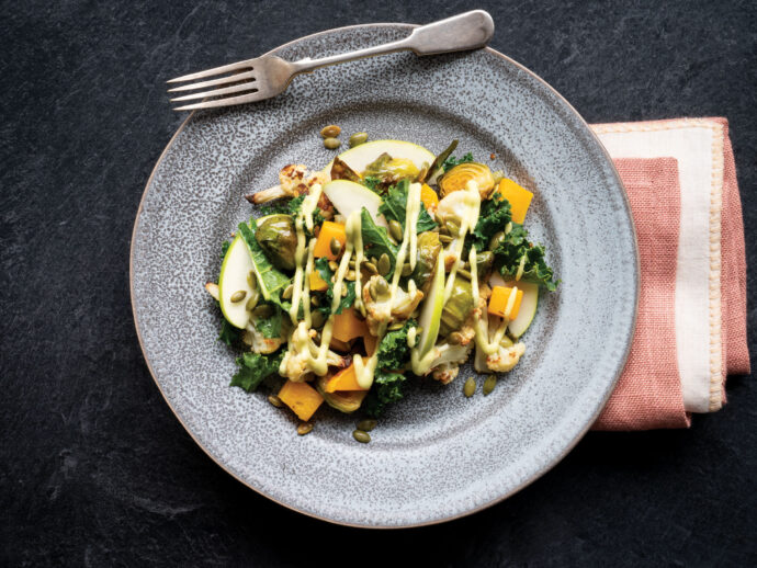 Roasted Vegetable Salad with Baby Kale, Apple, and Creamy Avocado
