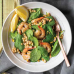 Warm Israeli Couscous and Spinach Salad with Grilled Prawns