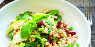 Warm Pearl Couscous Bowl with Spinach, Apple, Walnuts, and Tahini Dressing