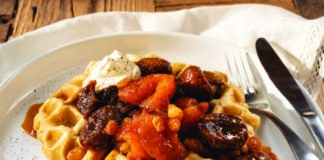 Waffles and winter fruit spiced compote