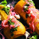 Hasselback Butternut Squash with Spicy Pickled Red Onion and Puréed Herbed Salsa