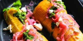 Hasselback Butternut Squash with Spicy Pickled Red Onion and Puréed Herbed Salsa